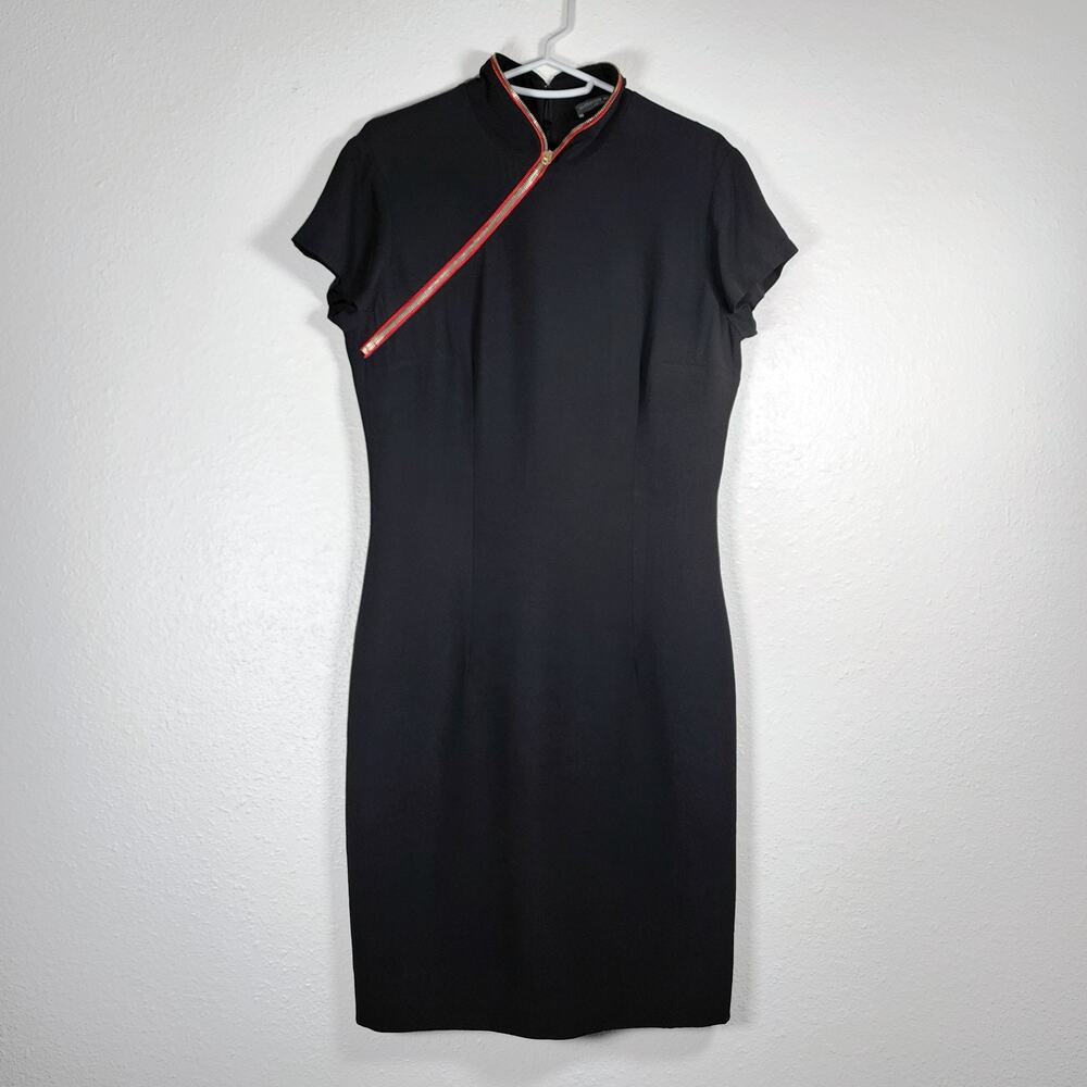 Alexander McQueen 2009 Black Wool Dress with Red Zipper Neckline Medium Read